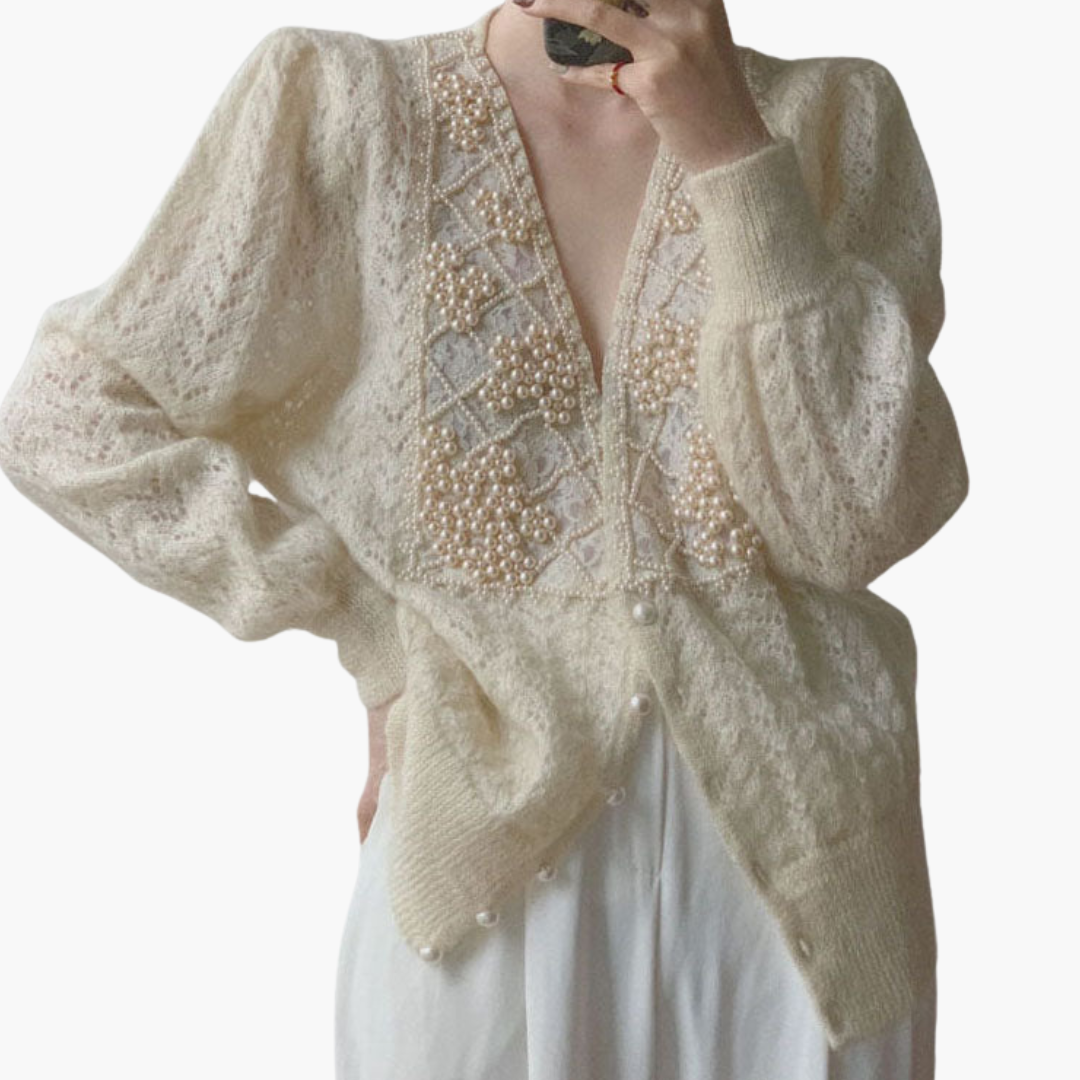 Women's Beige Cardigan with Pearls and Buttons | Altivaro