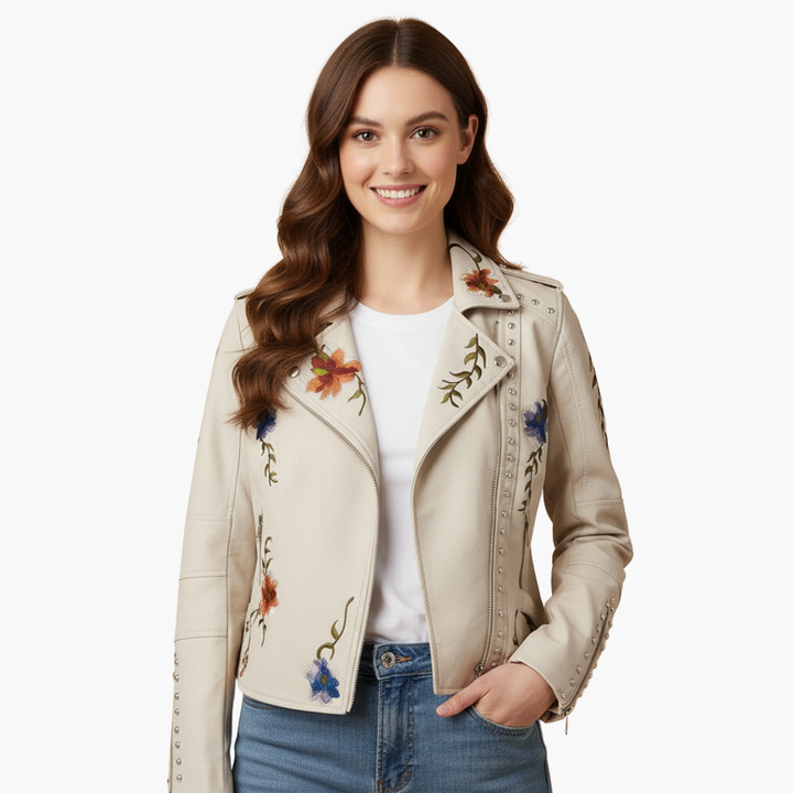 Women's Biker Jacket in Faux Leather with Embroidery and Studs | Altivaro