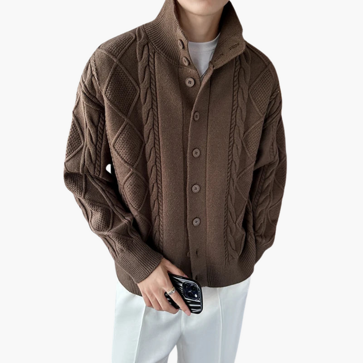 Men's cable knit cardigan with high collar | Altivaro