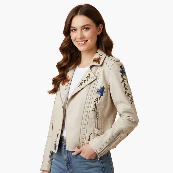 Women's Biker Jacket in Faux Leather with Embroidery and Studs | Altivaro