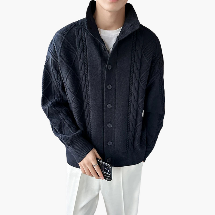 Men's cable knit cardigan with high collar | Altivaro
