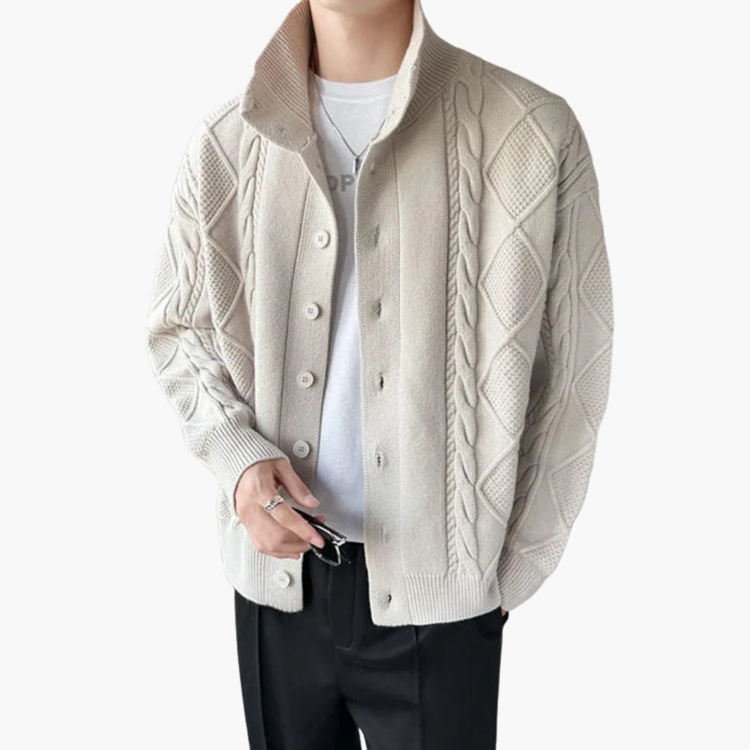 Men's cable knit cardigan with high collar | Altivaro