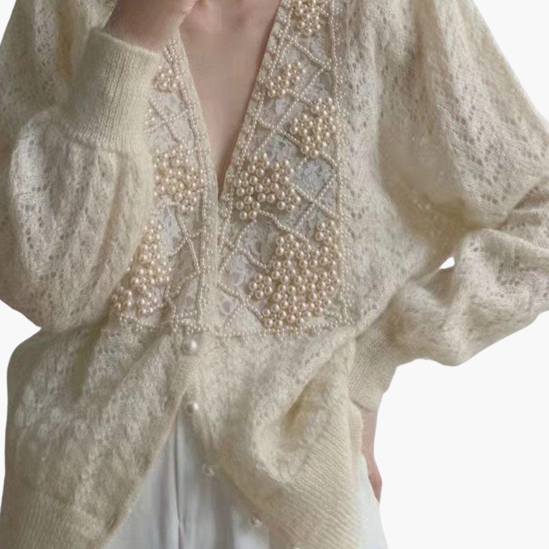 Women's Beige Cardigan with Pearls and Buttons | Altivaro