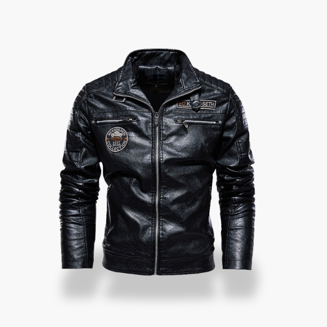 Men's Leather Jacket with Zippers and Patch | Altivaro