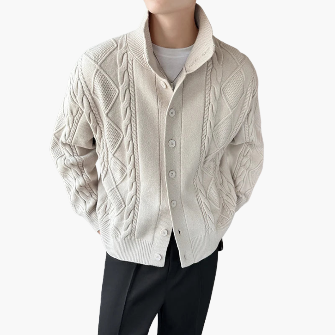 Men's cable knit cardigan with high collar | Altivaro