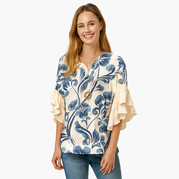 Women's Blouse with Ruffled Sleeves and Paisley Print in Linen | Altivaro