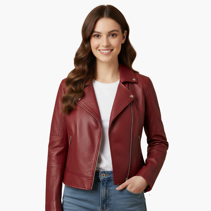 Women's Biker Jacket in Red Faux Leather with Zip | Altivaro