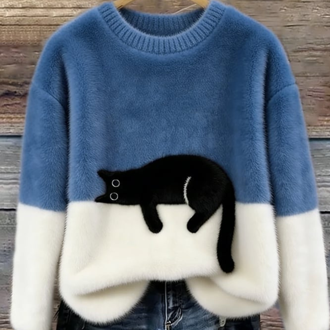 Maglione Donna Effetto Peluche con Motivo Gatto Girocollo | Altivaro