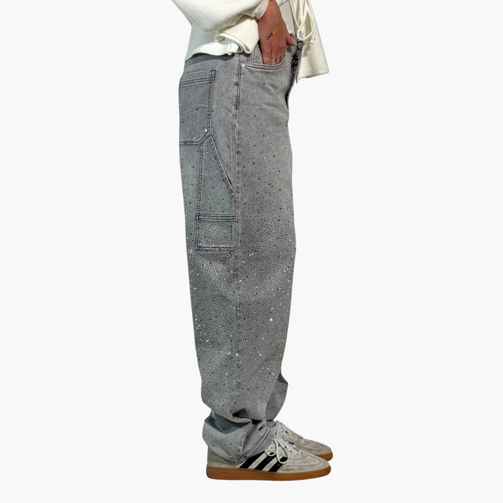 Jeans Donna Cargo in Denim con Strass Gamba Larga | Altivaro