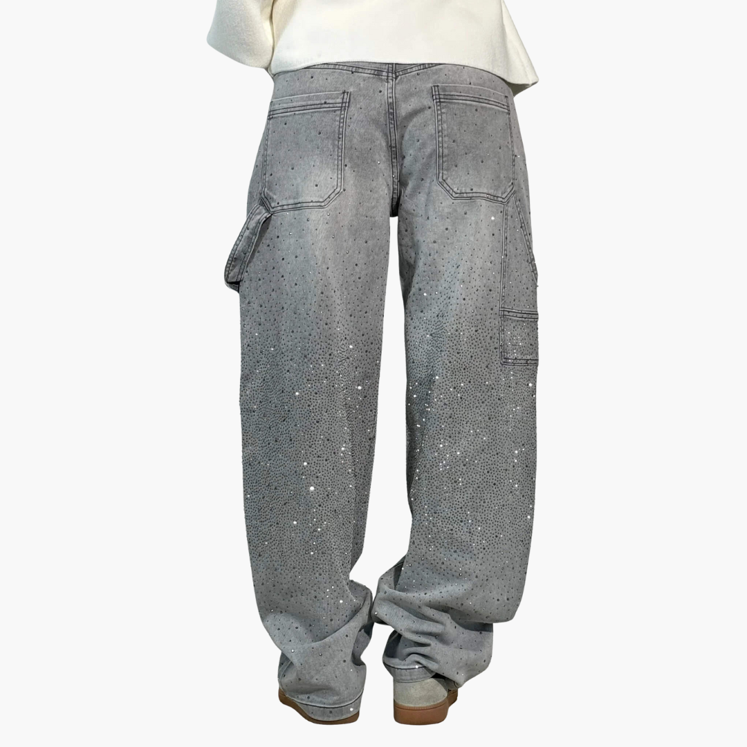 Jeans Donna Cargo in Denim con Strass Gamba Larga | Altivaro