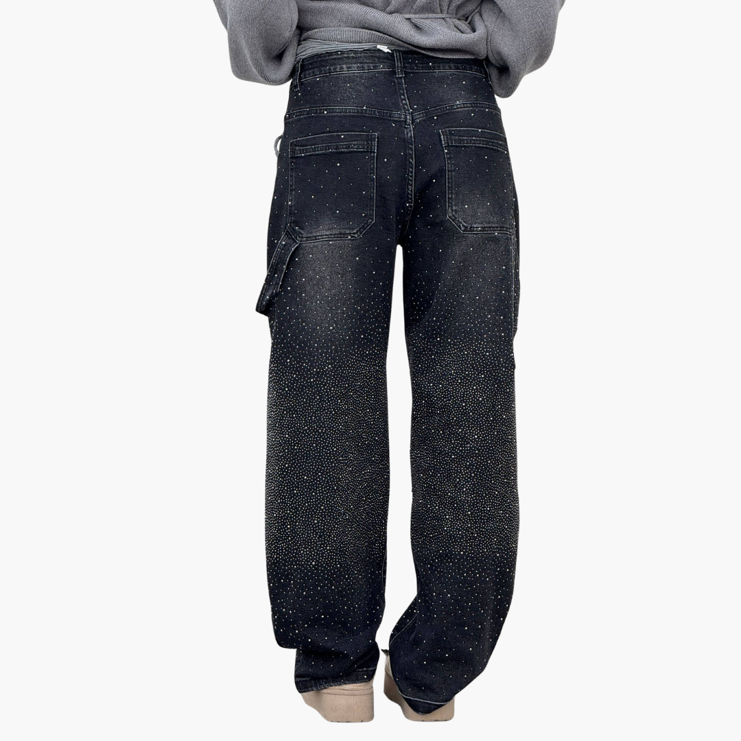Jeans Donna Cargo in Denim con Strass Gamba Larga | Altivaro
