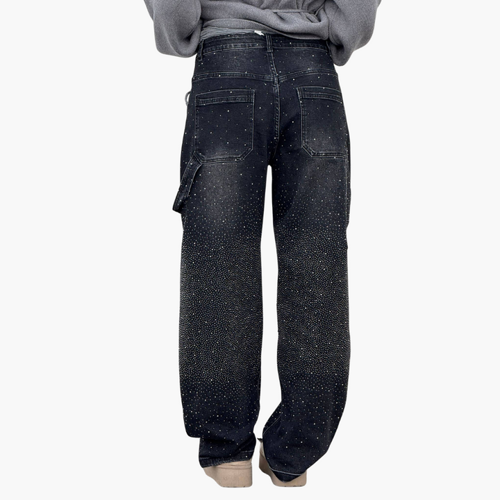 Jeans Donna Cargo in Denim con Strass Gamba Larga | Altivaro