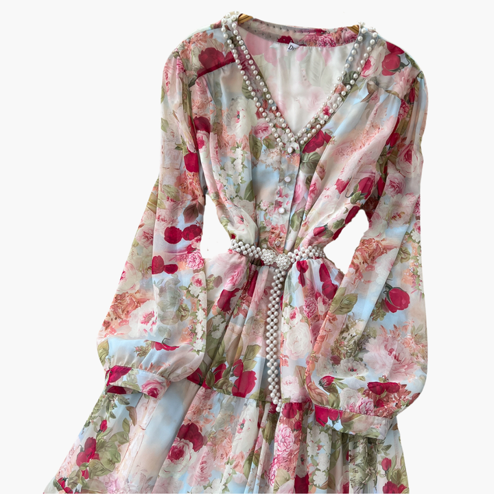 Abito Lungo Donna Floreale Rosa Chiffon Elegante Estivo Casual | Altivaro