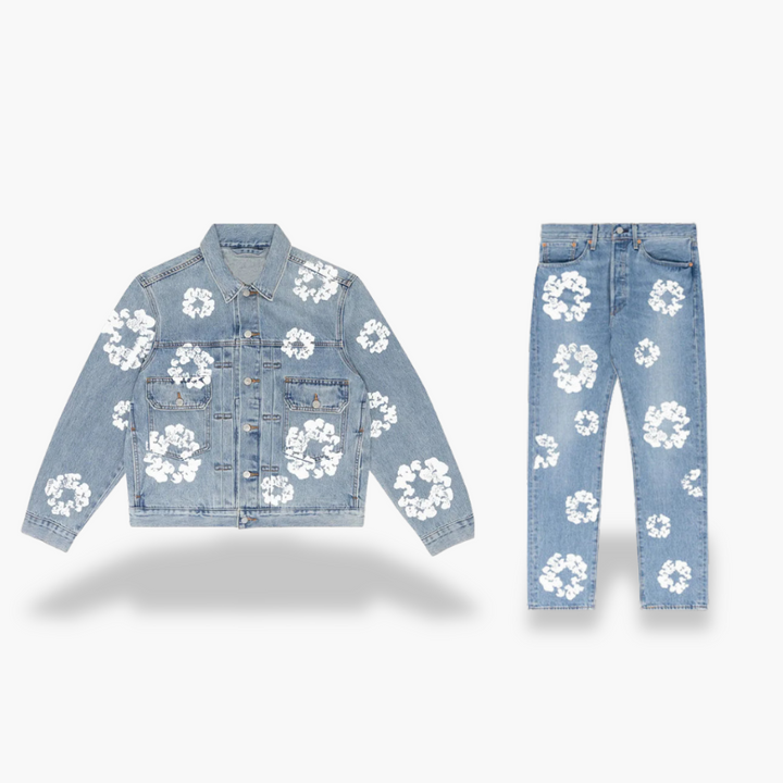 Completo Giacca e Jeans Unisex Denim con Stampa Floreale | Altivaro