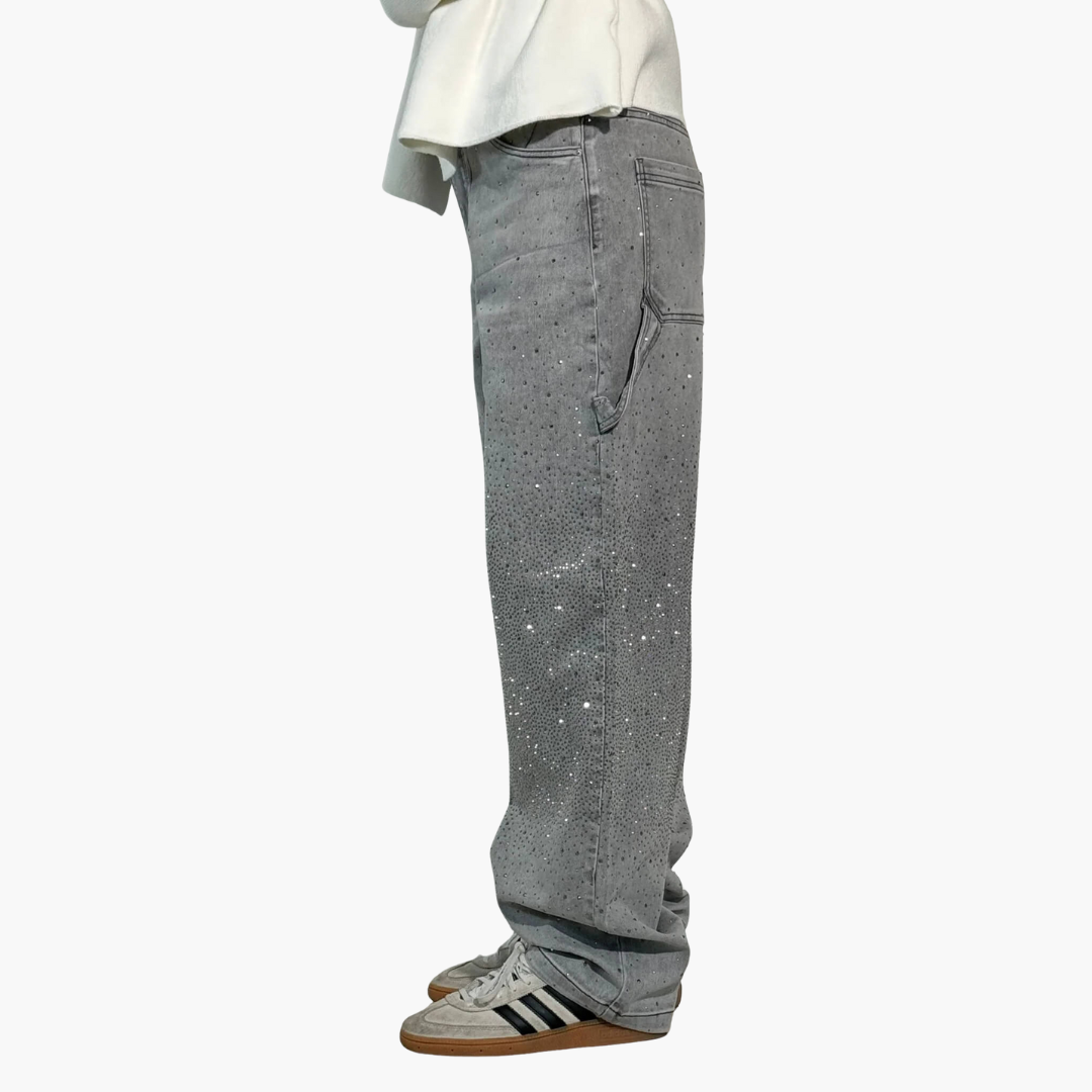 Jeans Donna Cargo in Denim con Strass Gamba Larga | Altivaro