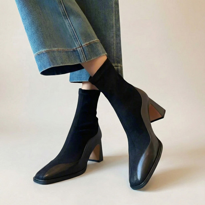 Orthopädische Damen-Stiefeletten aus schwarzem und braunem Leder mit Absatz | Altivaro