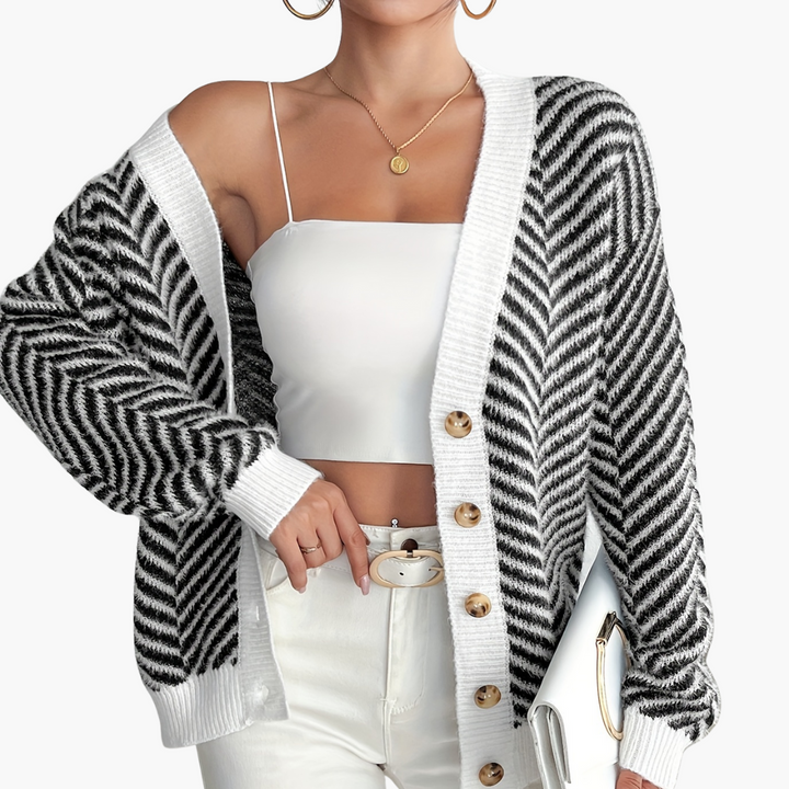 Cardigan Donna Stripes Bianco e Nero Con Bottoni | Altivaro