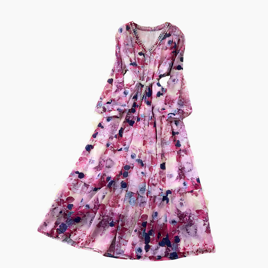 Abito Lungo Donna Floreale Rosa Chiffon Elegante Estivo Casual | Altivaro
