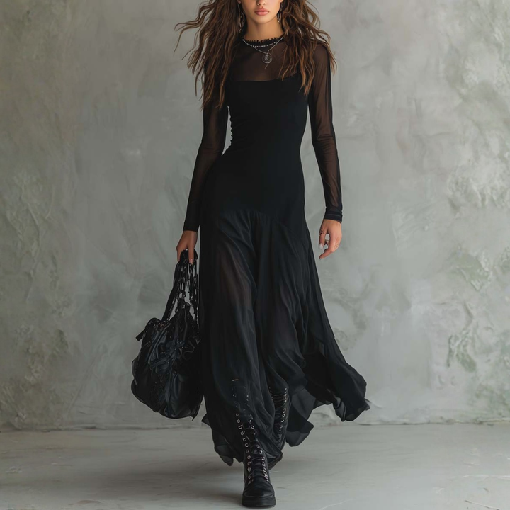 Long Black Dress for Women in Mixed Fabric | Altivaro