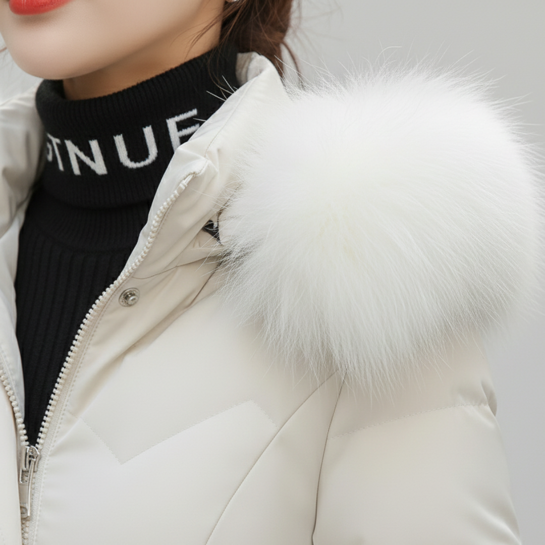 Damen langer Daunenmantel mit Kapuze und Kunstpelz | Altivaro