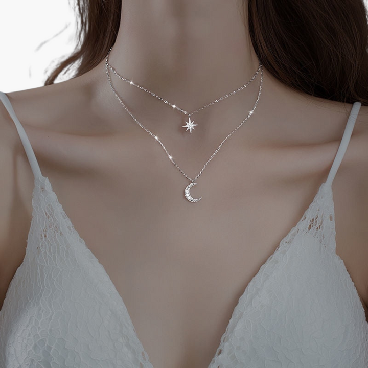 Collana Donna Argento Doppia con Stella e Luna Zirconi | Altivaro