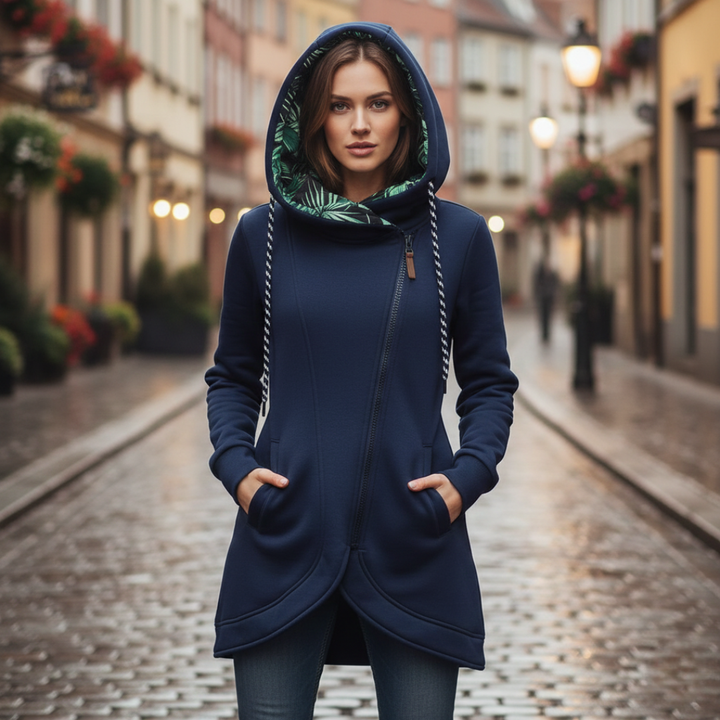 Damen langer Pullover mit Kapuze und Reißverschluss aus Polyester | Altivaro