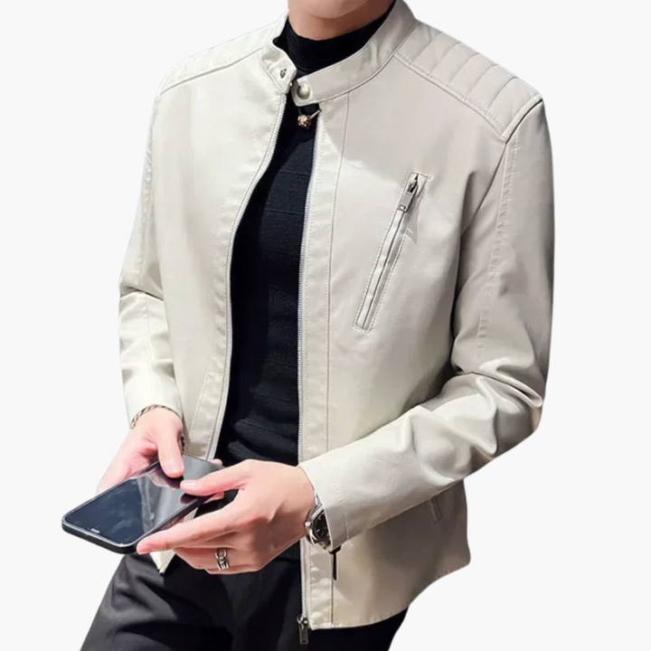 Men's Faux Leather Jacket with Zipper and Shoulder Details | Altivaro