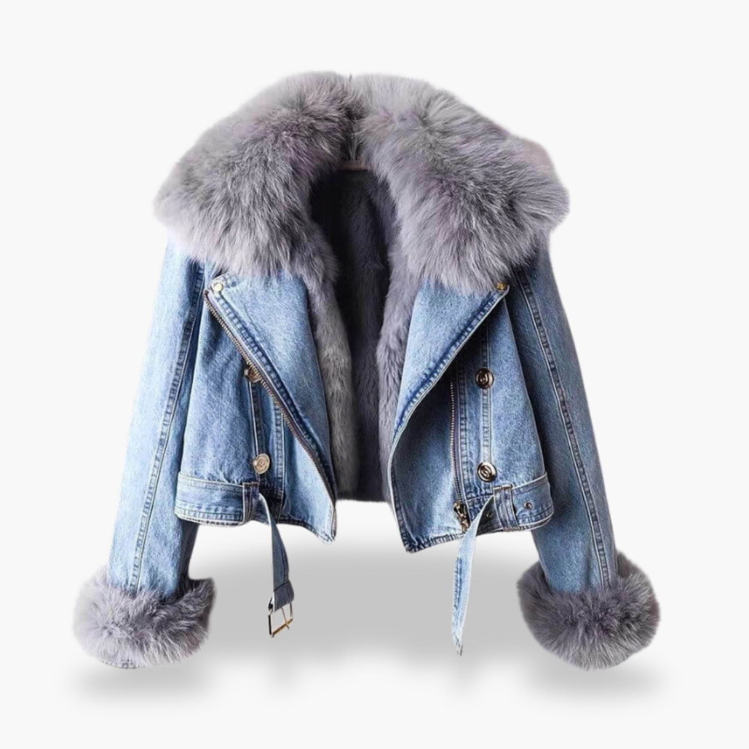 Women's Denim Jacket with Fur Collar and Golden Details | Altivaro