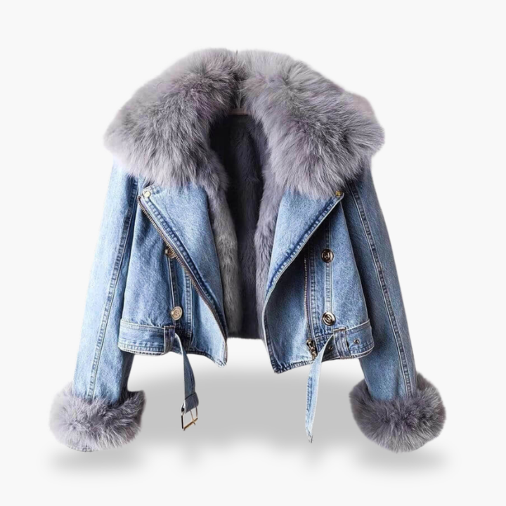 Women's Denim Jacket with Fur Collar and Golden Details | Altivaro