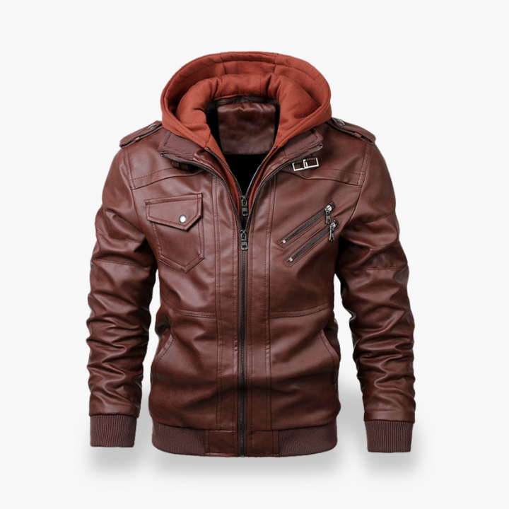 Men's Leather Jacket with Hood and Zippers | Altivaro