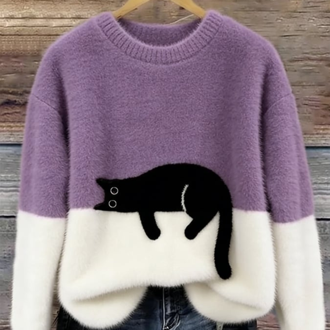 Maglione Donna Effetto Peluche con Motivo Gatto Girocollo | Altivaro