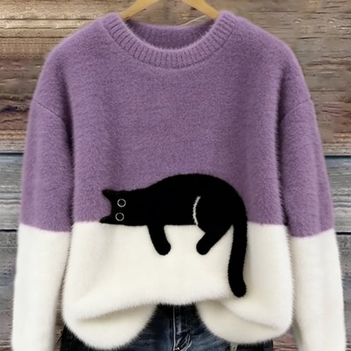 Maglione Donna Effetto Peluche con Motivo Gatto Girocollo | Altivaro