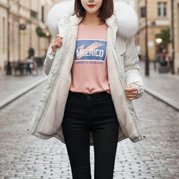 Damen Winterdaunenjacke mit Kapuze aus Kunstpelz | Altivaro