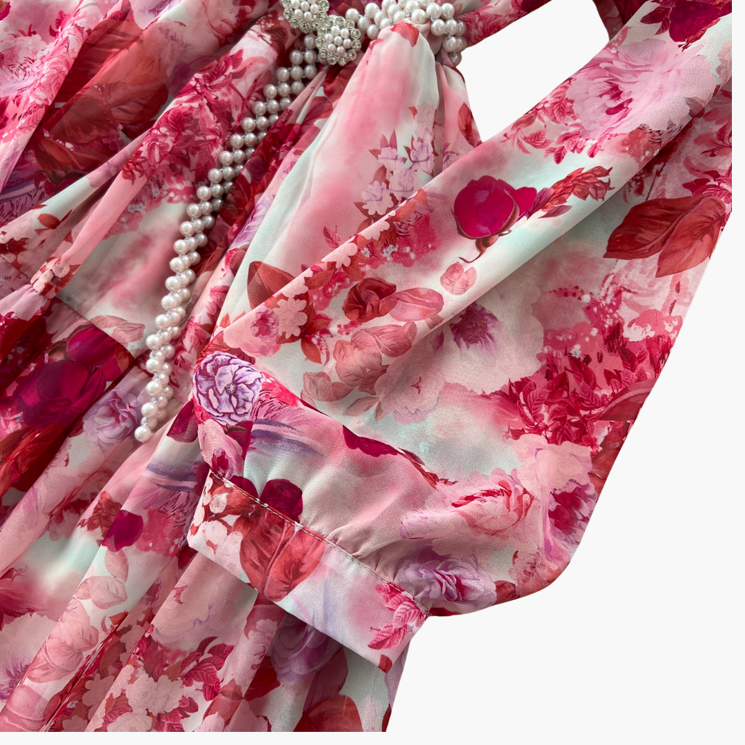 Abito Lungo Donna Floreale Rosa Chiffon Elegante Estivo Casual | Altivaro