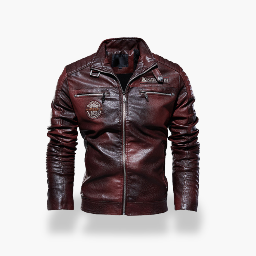 Men's Leather Jacket with Zippers and Patch | Altivaro