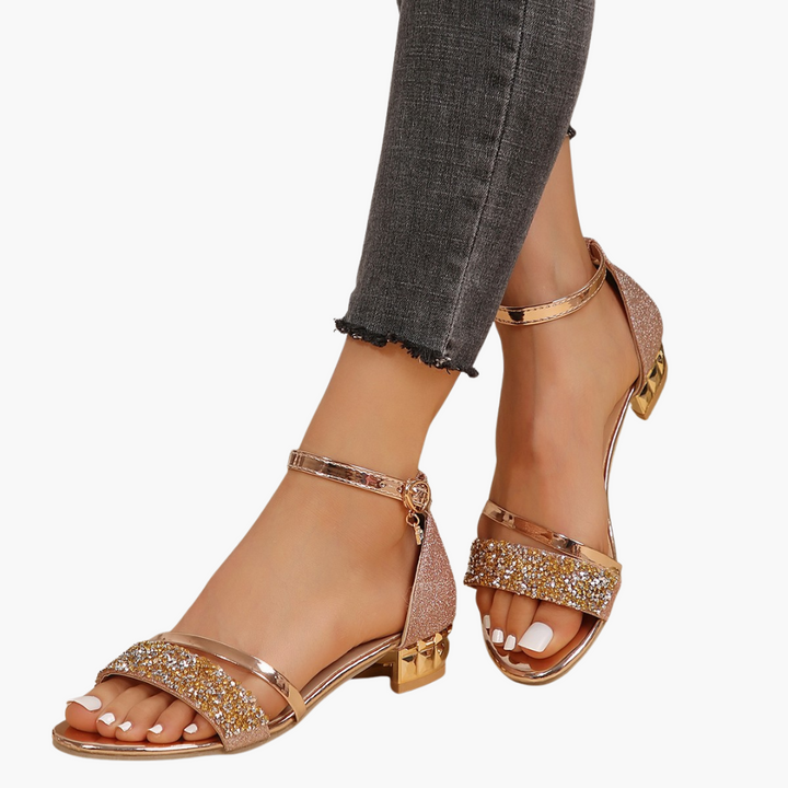 Sandali con Tacco Basso in Pelle e Strass per Donna | Altivaro
