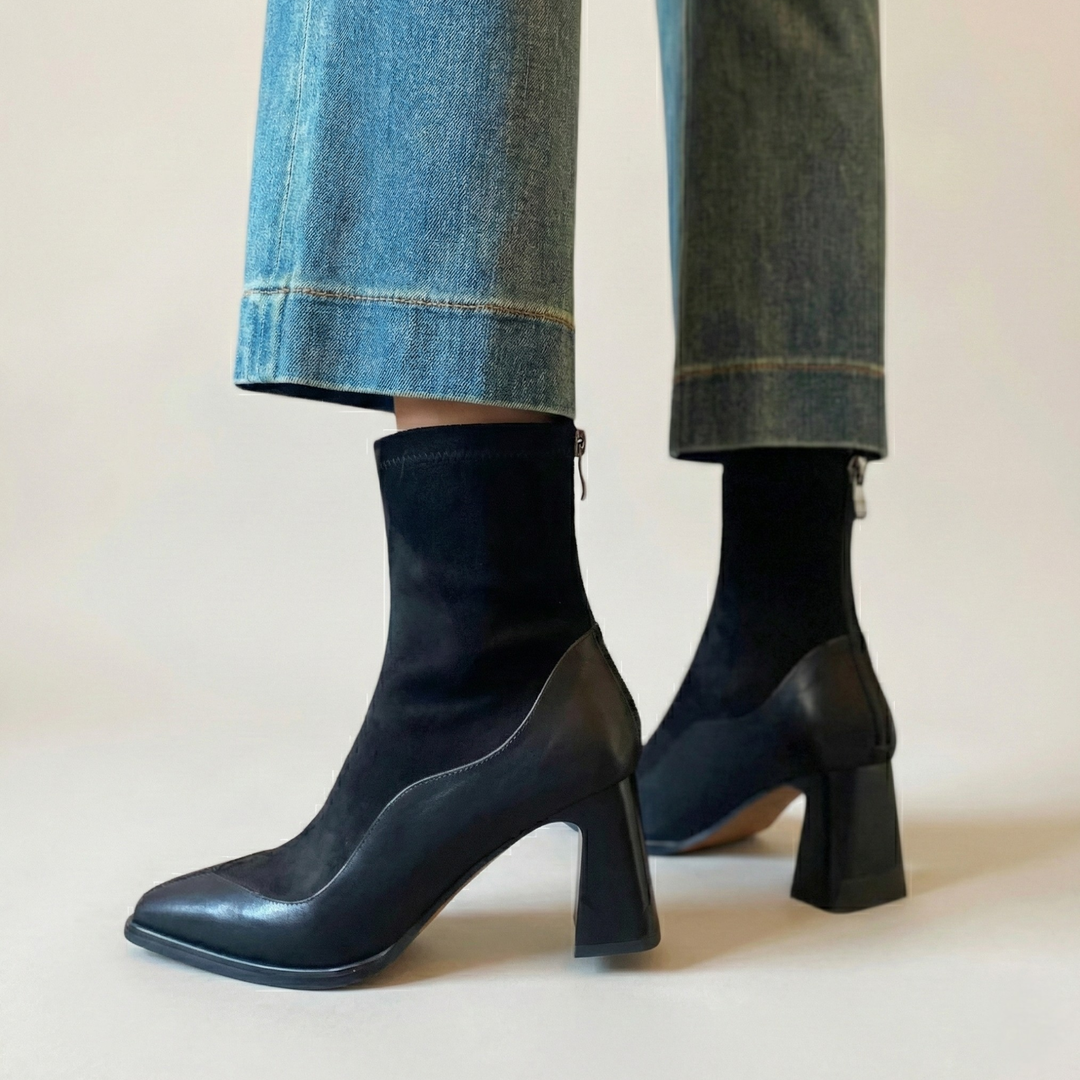 Orthopädische Damen-Stiefeletten aus schwarzem und braunem Leder mit Absatz | Altivaro