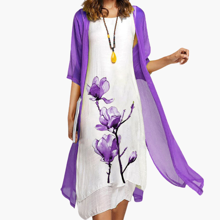 Abito Lungo con Kimono e Stampa Magnolia Donna | Altivaro