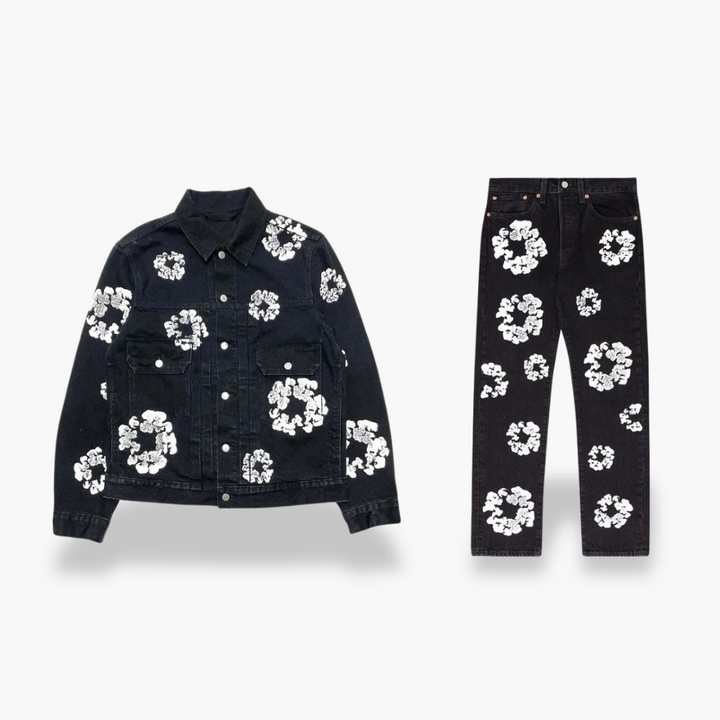 Completo Giacca e Jeans Unisex Denim con Stampa Floreale | Altivaro