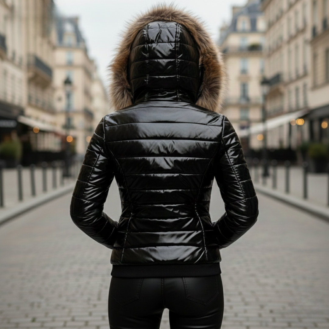 Damen Daunenjacke Glänzend Slim Fit Kapuze Öko Pelz | Altivaro