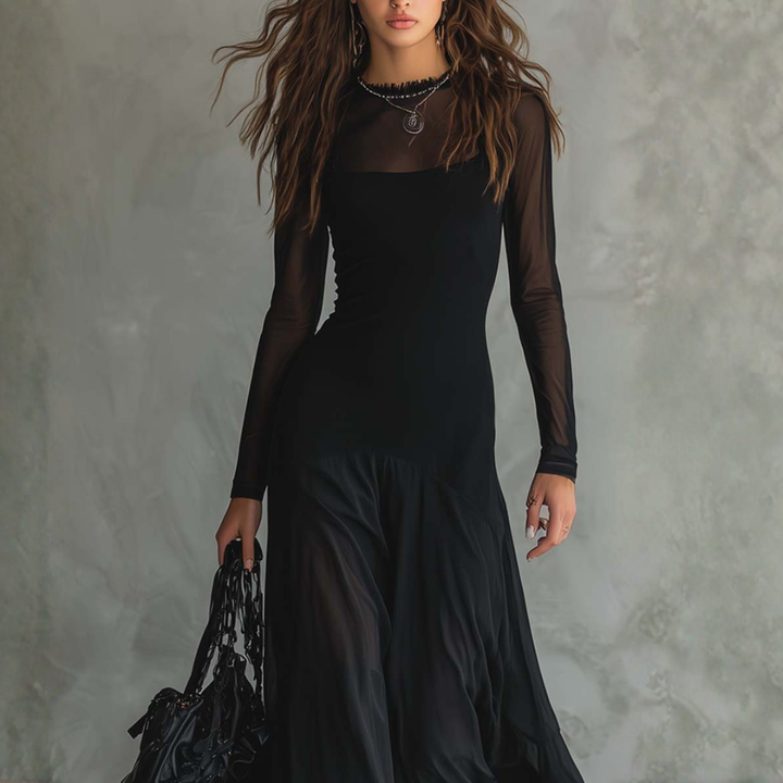 Long Black Dress for Women in Mixed Fabric | Altivaro
