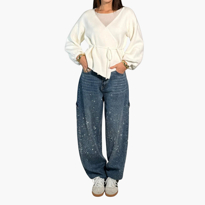 Jeans Donna Cargo in Denim con Strass Gamba Larga | Altivaro