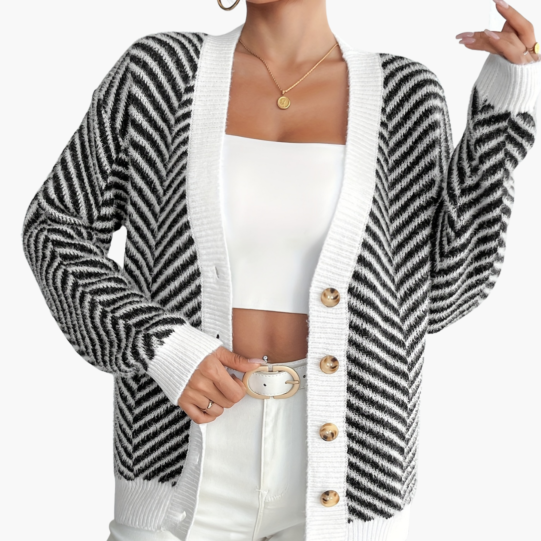 Cardigan Donna Stripes Bianco e Nero Con Bottoni | Altivaro
