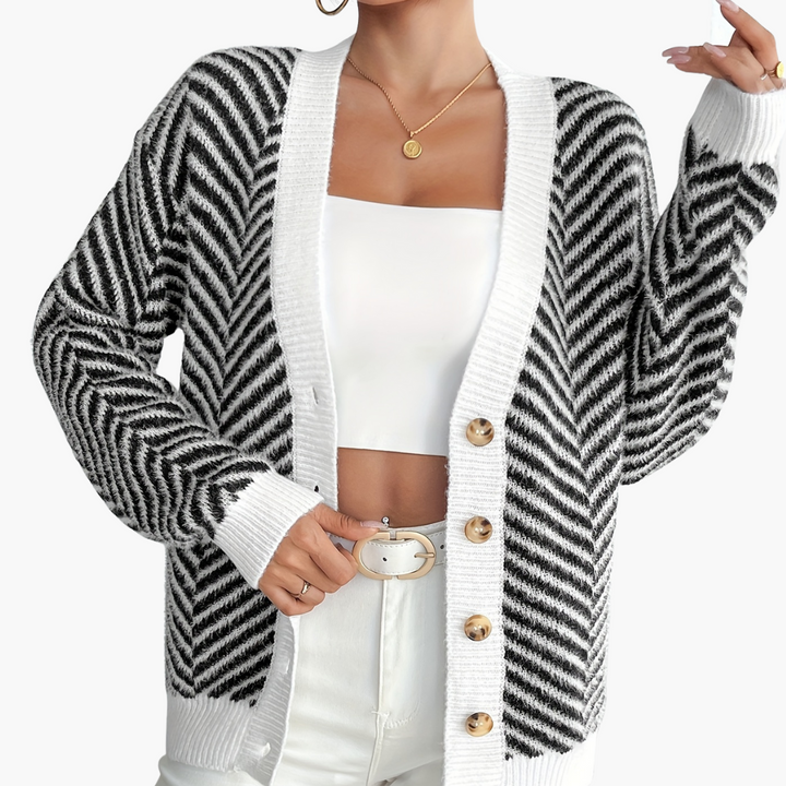 Cardigan Donna Stripes Bianco e Nero Con Bottoni | Altivaro