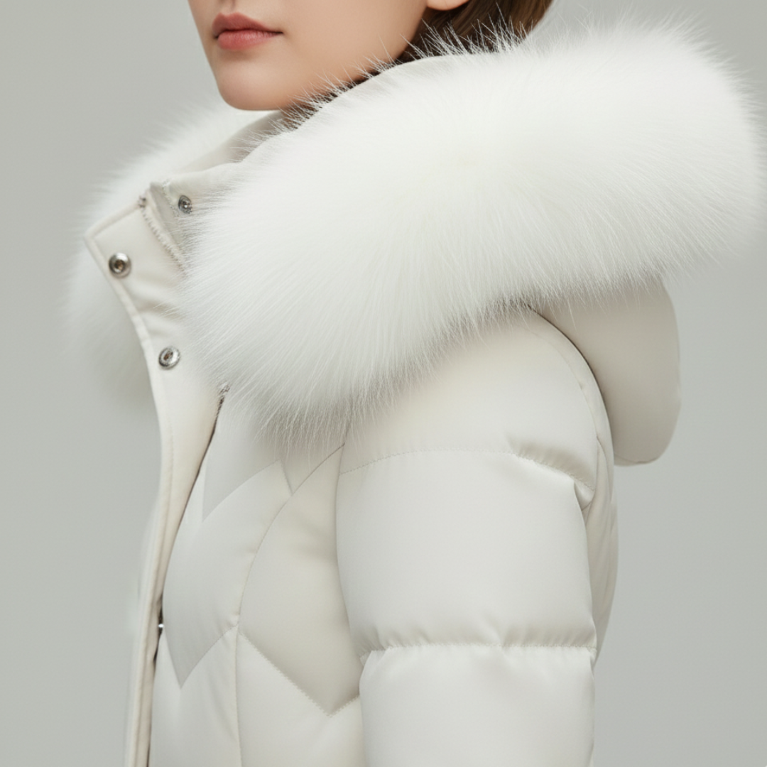 Damen langer Daunenmantel mit Kapuze und Kunstpelz | Altivaro