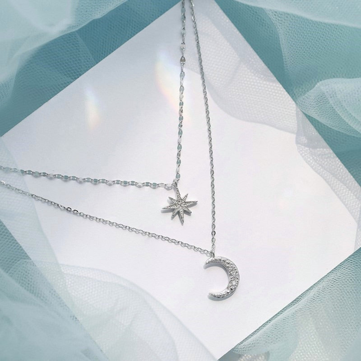 Collana Donna Argento Doppia con Stella e Luna Zirconi | Altivaro
