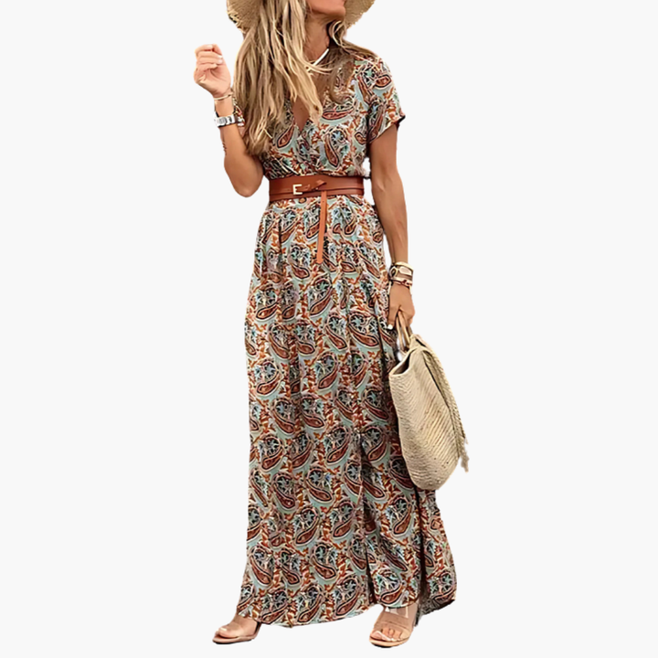 Maxi Vestito Donna Scollo V Stampa Paisley Boho | Altivaro
