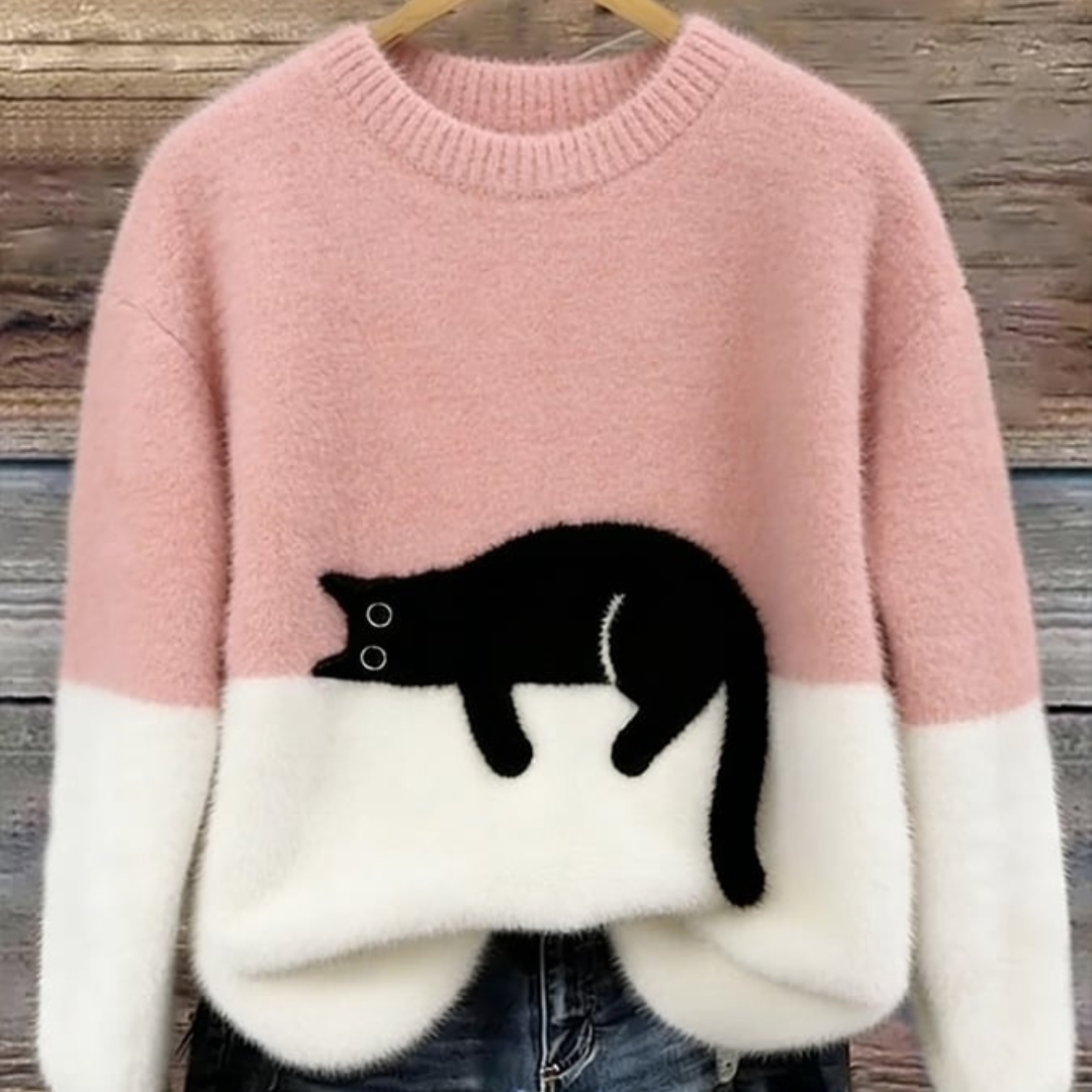 Maglione Donna Effetto Peluche con Motivo Gatto Girocollo | Altivaro