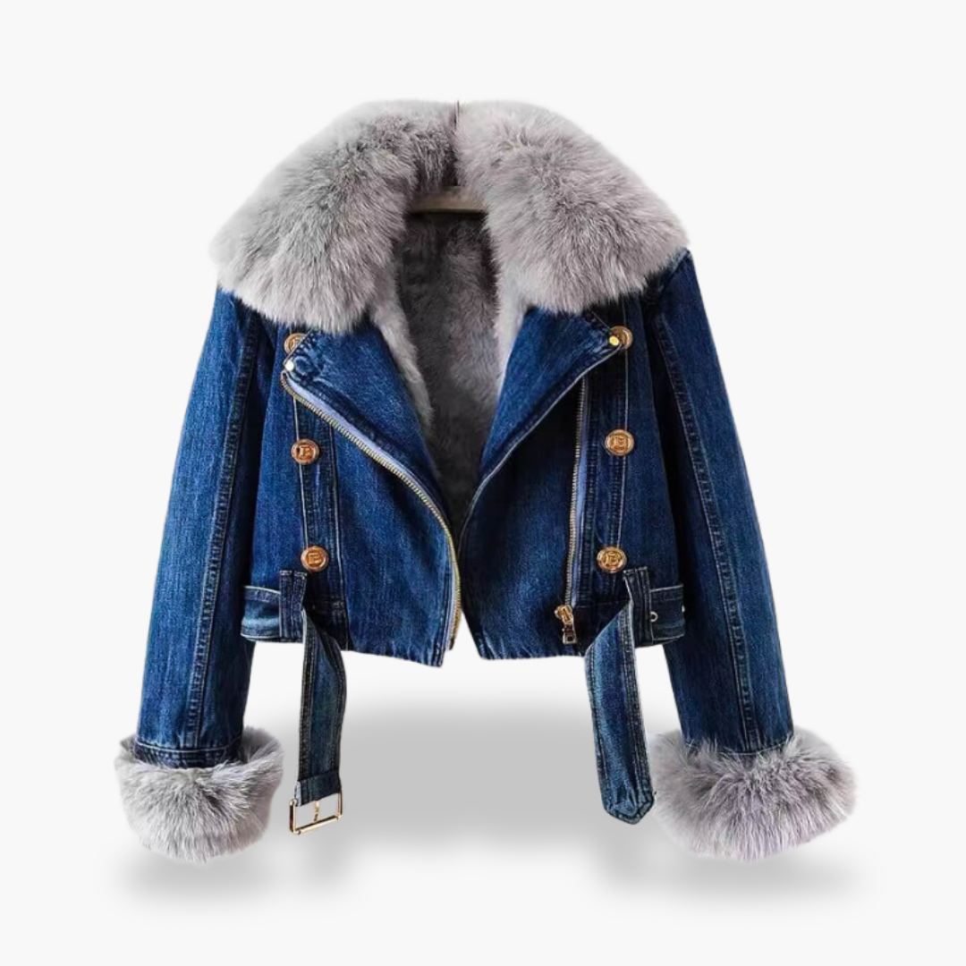 Women's Denim Jacket with Fur Collar and Golden Details | Altivaro