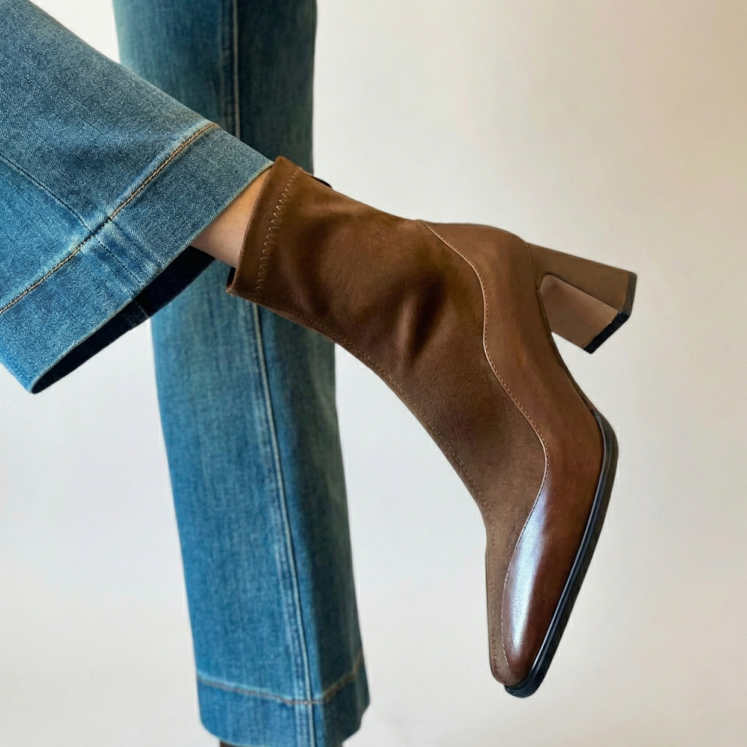 Orthopädische Damen-Stiefeletten aus schwarzem und braunem Leder mit Absatz | Altivaro